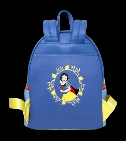 Blue backpack with Snow White design on a white background