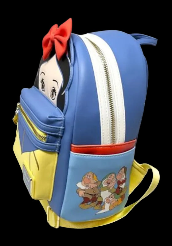 Backpack designed like Snow White from Disney, featuring cartoon characters on a white background.