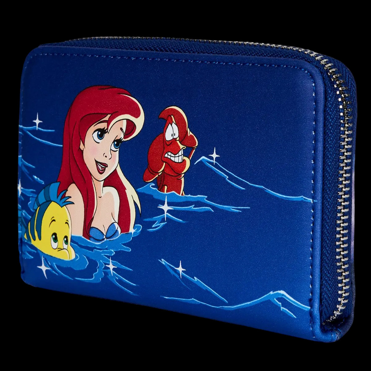 Blue wallet with animated characters from 'The Little Mermaid' on a white background