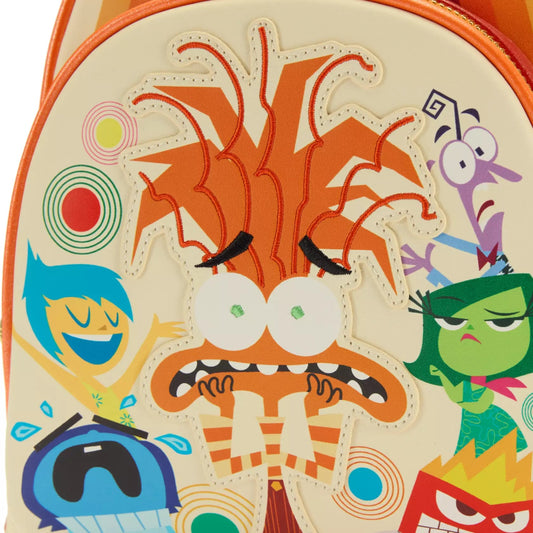 Backpack with colorful cartoon designs on a beige background
