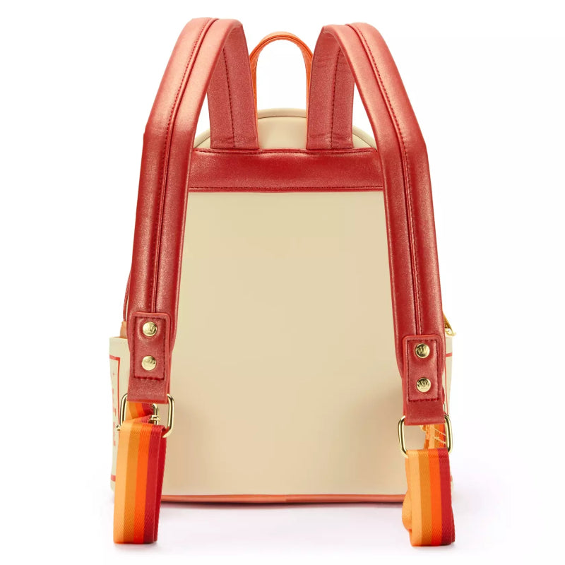 Red backpack with orange straps on a white background