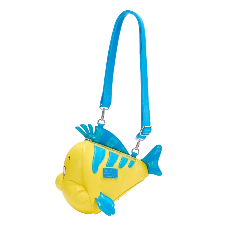 A yellow and blue fish-shaped shoulder bag with a bright blue strap, shown on a clean white background.