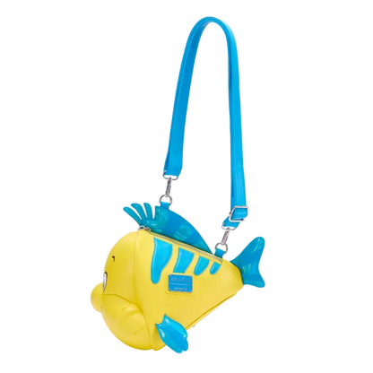 A yellow and blue fish-shaped shoulder bag with a bright blue strap, shown on a clean white background.