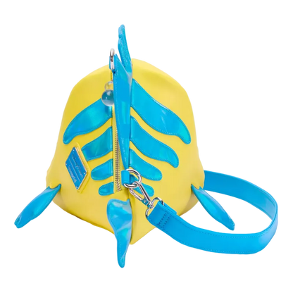 A yellow and blue fish-shaped shoulder bag with a glossy finish, featuring a bright blue spine, pectoral fins, and a matching blue strap, shown on a white background.