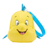 A yellow character-shaped shoulder bag with a blue strap and blue fin details, featuring a cartoon face with green eyes and a smiling mouth, photographed on a white background.