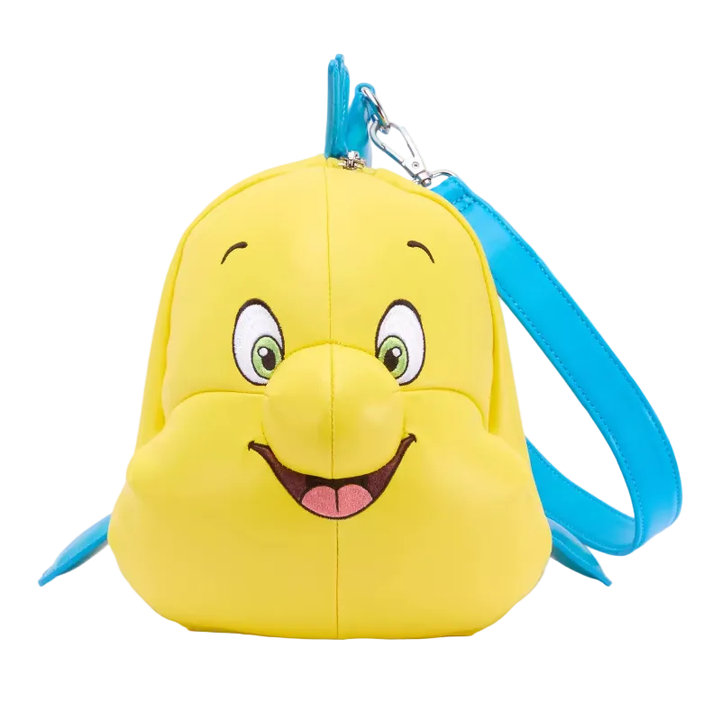 A yellow character-shaped shoulder bag with a blue strap and blue fin details, featuring a cartoon face with green eyes and a smiling mouth, photographed on a white background.