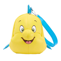 A yellow character-shaped shoulder bag with a blue strap and blue fin details, featuring a cartoon face with green eyes and a smiling mouth, photographed on a white background.