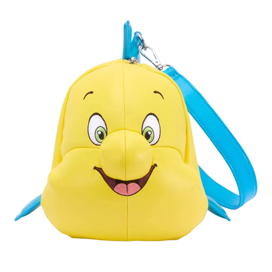 A yellow character-shaped shoulder bag with a blue strap and blue fin details, featuring a cartoon face with green eyes and a smiling mouth, photographed on a white background.