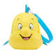 A yellow character-shaped shoulder bag with a blue strap and blue fin details, featuring a cartoon face with green eyes and a smiling mouth, photographed on a white background.