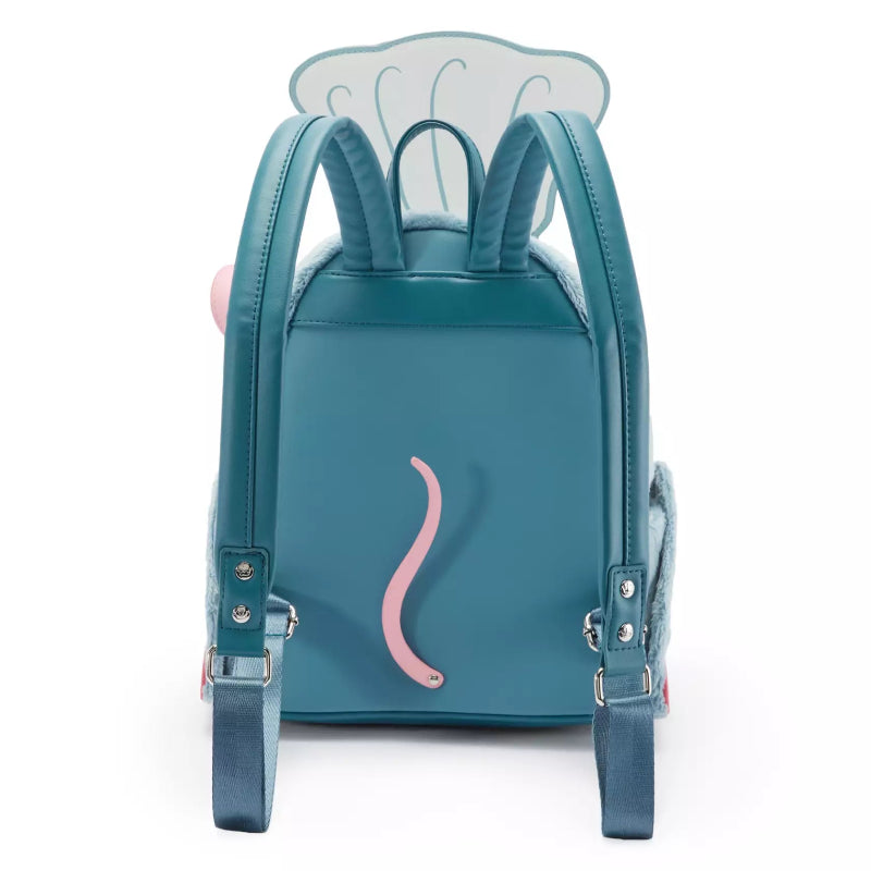 A teal blue faux-leather backpack designed to look like a mermaid tail, featuring a pink wavy line detail on the front, dual top handles, adjustable shoulder straps with silver buckles, and a light blue scalloped fabric tail detail at the top, shown against a plain white background.