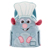 A plush character backpack shaped like a blue mouse wearing a white chef's hat, with pink ears, nose, and paws, shown on a plain white background.