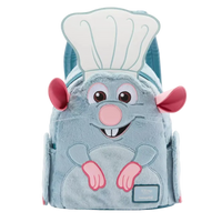 A plush character backpack shaped like a blue mouse wearing a white chef's hat, with pink ears, nose, and paws, shown on a plain white background.