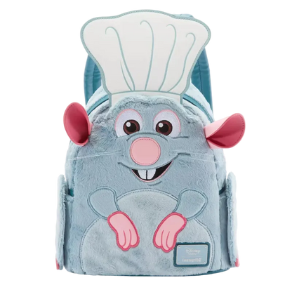 A plush character backpack shaped like a blue mouse wearing a white chef's hat, with pink ears, nose, and paws, shown on a plain white background.