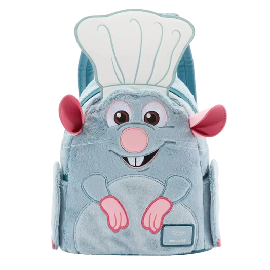 A plush character backpack shaped like a blue mouse wearing a white chef's hat, with pink ears, nose, and paws, shown on a plain white background.