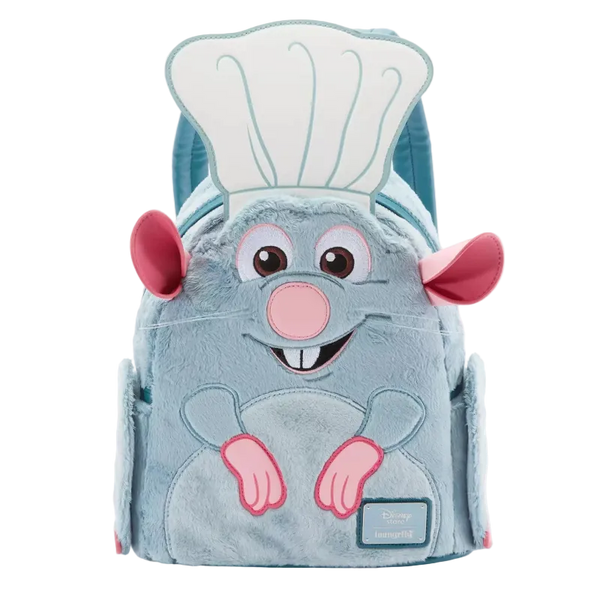 A plush character backpack shaped like a blue mouse wearing a white chef's hat, with pink ears, nose, and paws, shown on a plain white background.