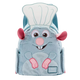 A plush character backpack shaped like a blue mouse wearing a white chef's hat, with pink ears, nose, and paws, shown on a plain white background.
