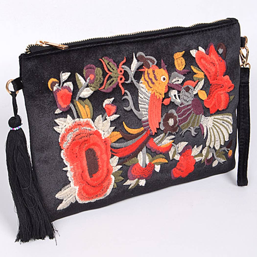 Faux Velvet Clutch With Tassel: Burgundy