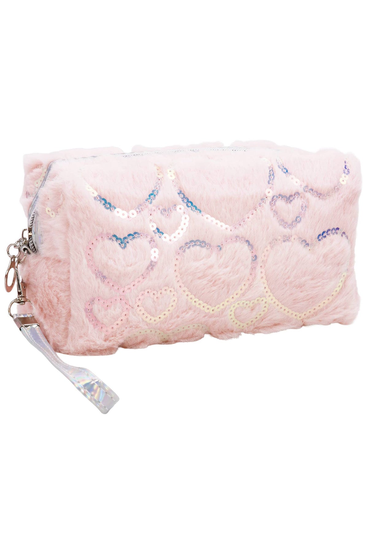 Heart Sequined Fuzzy Fur Cosmetic Pouch Bag: ASSORTED / ONE SIZE