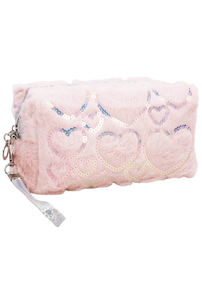 Heart Sequined Fuzzy Fur Cosmetic Pouch Bag: ASSORTED / ONE SIZE