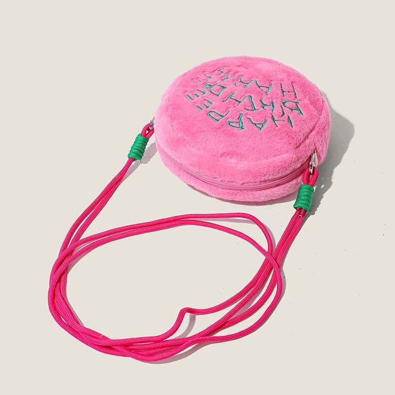 Color Block Embroidered Cute Plush Crossbody Bag: PINK