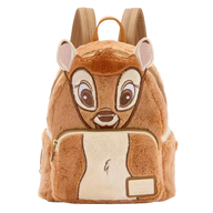 A plush character backpack designed to look like a brown animal face, featuring large embroidered eyes, pink inner ears, a cream-colored belly patch, and tan shoulder straps, shown on a plain white background.