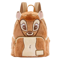 A plush character backpack designed to look like a brown animal face, featuring large embroidered eyes, pink inner ears, a cream-colored belly patch, and tan shoulder straps, shown on a plain white background.