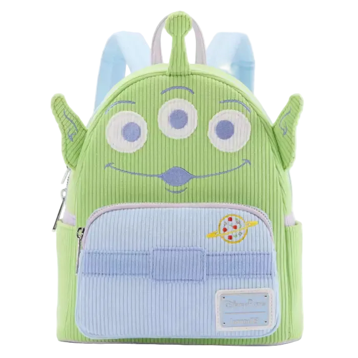 Green character backpack with blue accents on a white background