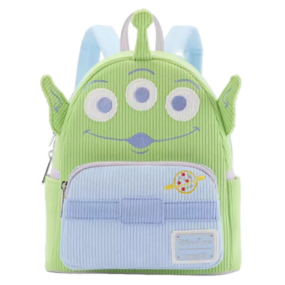 Green character backpack with blue accents on a white background