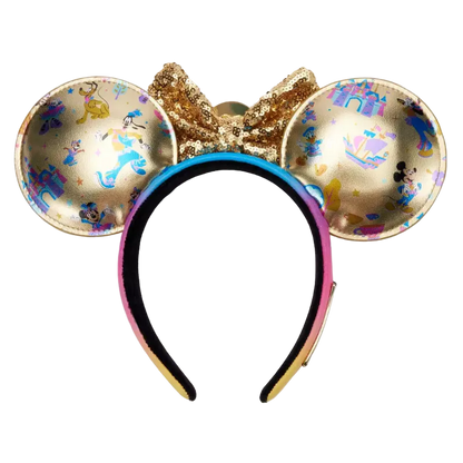 A gold Mickey Mouse ears headband with a glittery gold bow, featuring colorful Disney-themed illustrations on the ears and a pink-to-blue gradient headband.
