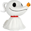 A white cartoon ghost figurine with a red collar and a small orange jack-o'-lantern on its nose, shown against a plain white background.