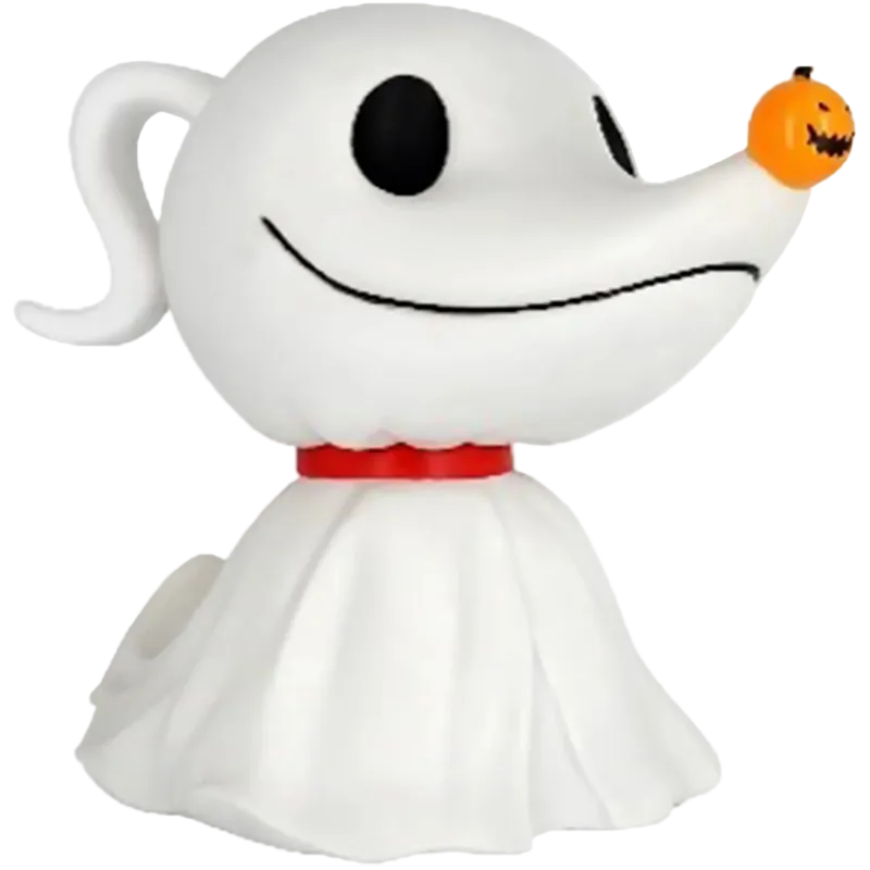 A white cartoon ghost figurine with a red collar and a small orange jack-o'-lantern on its nose, shown against a plain white background.