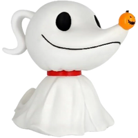 A white cartoon ghost figurine with a red collar and a small orange jack-o'-lantern on its nose, shown against a plain white background.