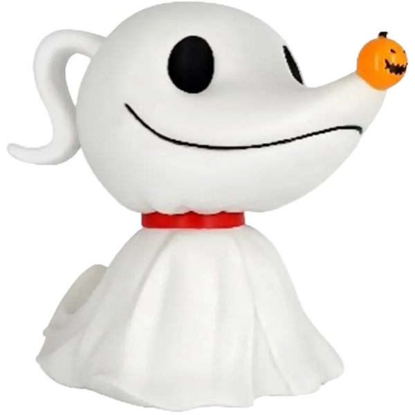 A white cartoon ghost figurine with a red collar and a small orange jack-o'-lantern on its nose, shown against a plain white background.