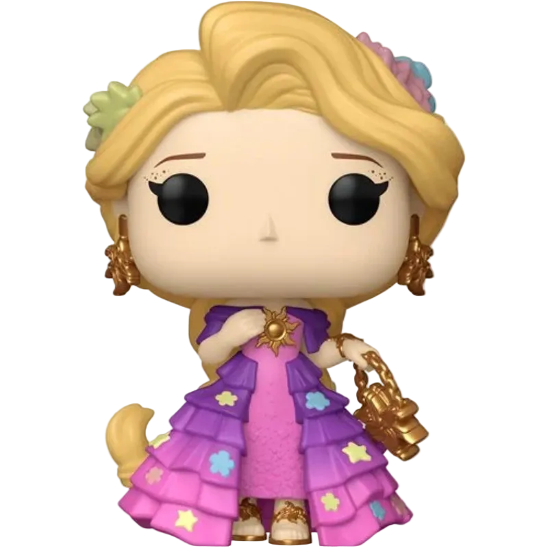 A Funko Pop! vinyl figure of Rapunzel from Tangled, featuring her signature blonde hair, purple and pink dress with gold star accents, and gold accessories, set against a plain white background.