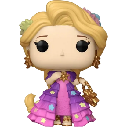 A Funko Pop! vinyl figure of Rapunzel from Tangled, featuring her signature blonde hair, purple and pink dress with gold star accents, and gold accessories, set against a plain white background.