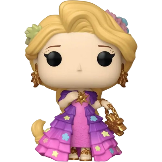 A Funko Pop! vinyl figure of Rapunzel from Tangled, featuring her signature blonde hair, purple and pink dress with gold star accents, and gold accessories, set against a plain white background.