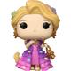 A Funko Pop! vinyl figure of Rapunzel from Tangled, featuring her signature blonde hair, purple and pink dress with gold star accents, and gold accessories, set against a plain white background.