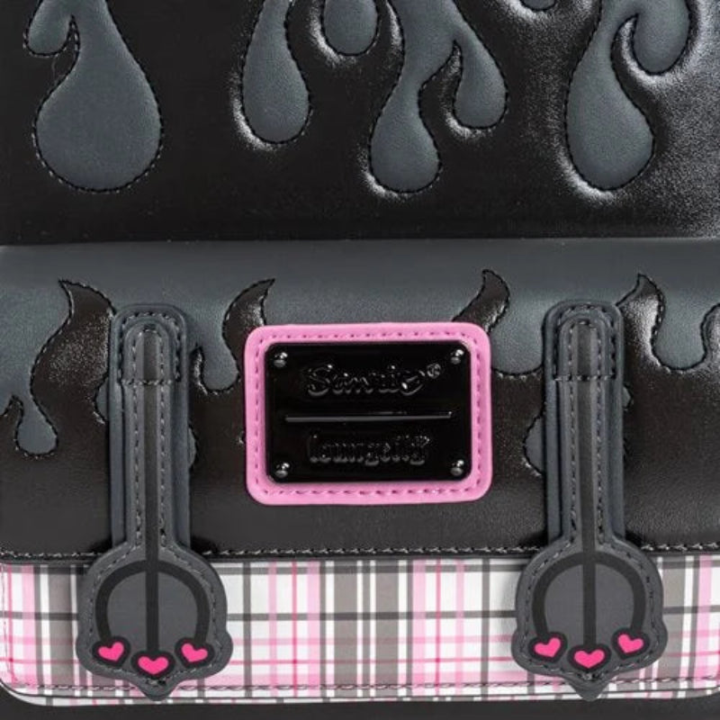 Black and gray plaid bag with pink accents and a visible brand label.