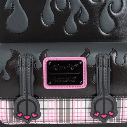 Black and gray plaid bag with pink accents and a visible brand label.