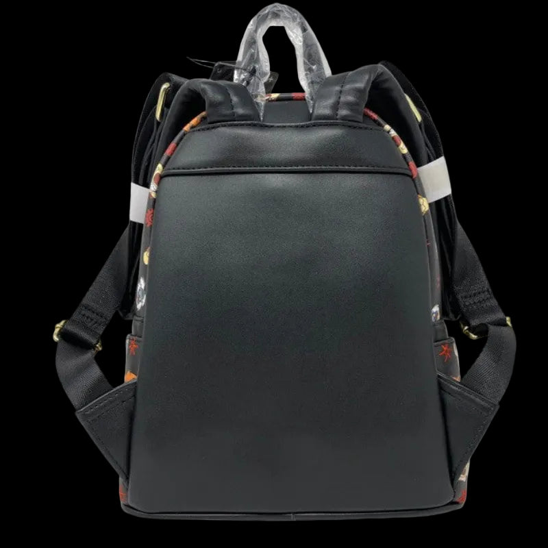 Black backpack with floral patterns on straps against a white background