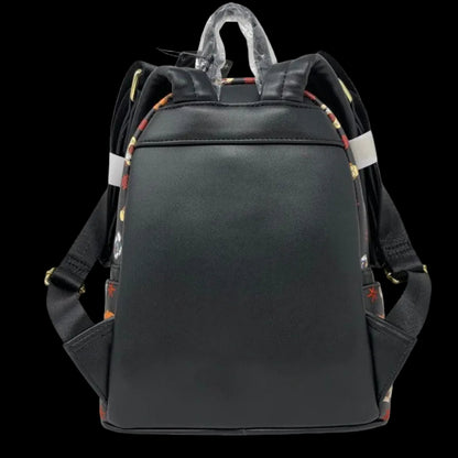 Black backpack with floral patterns on straps against a white background