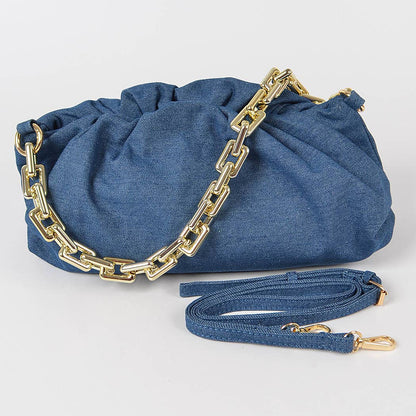 Denim Rectangle Chain Clutch: Light Blue