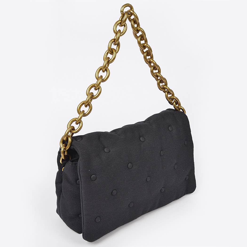 Cotton Canvas Studded Chain Shoulder Bag: Green