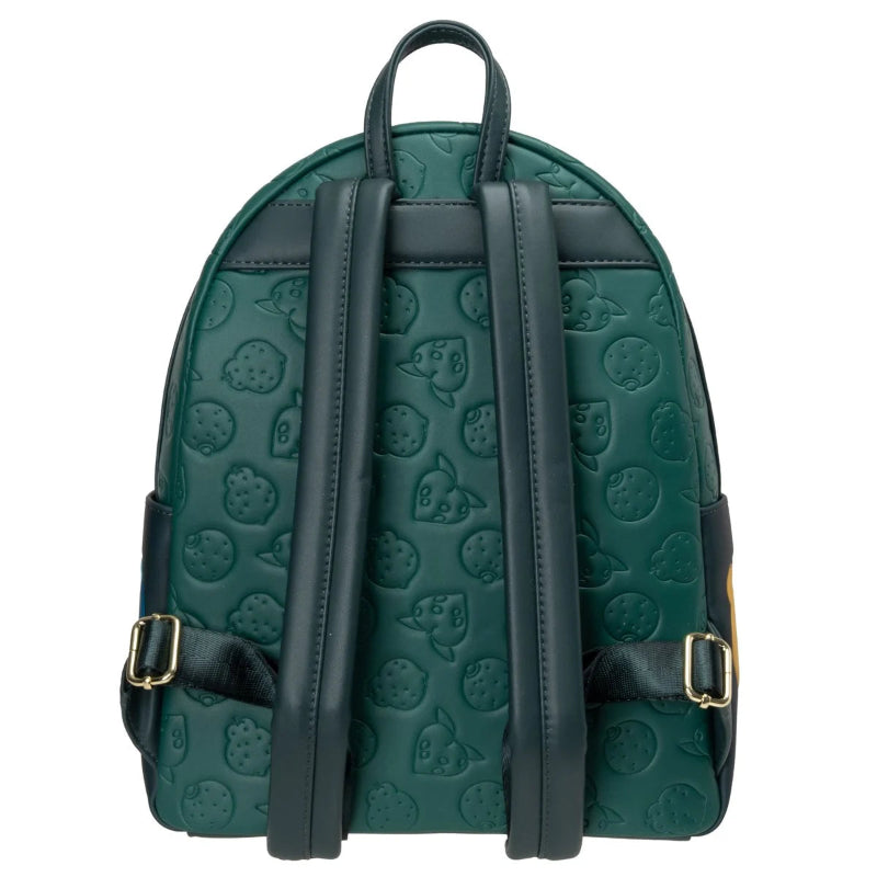 A dark green backpack featuring an embossed pattern of cartoon characters and speech bubbles, with black faux-leather shoulder straps and gold-tone buckle details, shown against a plain white background.