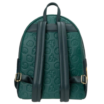 A dark green backpack featuring an embossed pattern of cartoon characters and speech bubbles, with black faux-leather shoulder straps and gold-tone buckle details, shown against a plain white background.