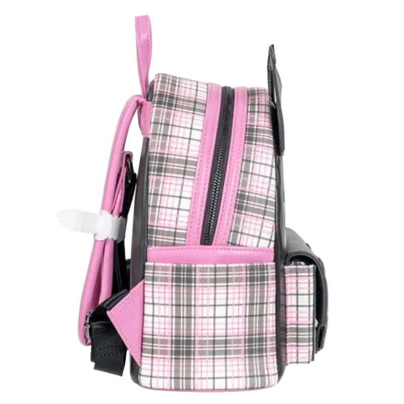 Plaid backpack with pink accents on a white background