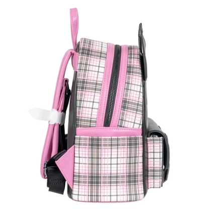 Plaid backpack with pink accents on a white background