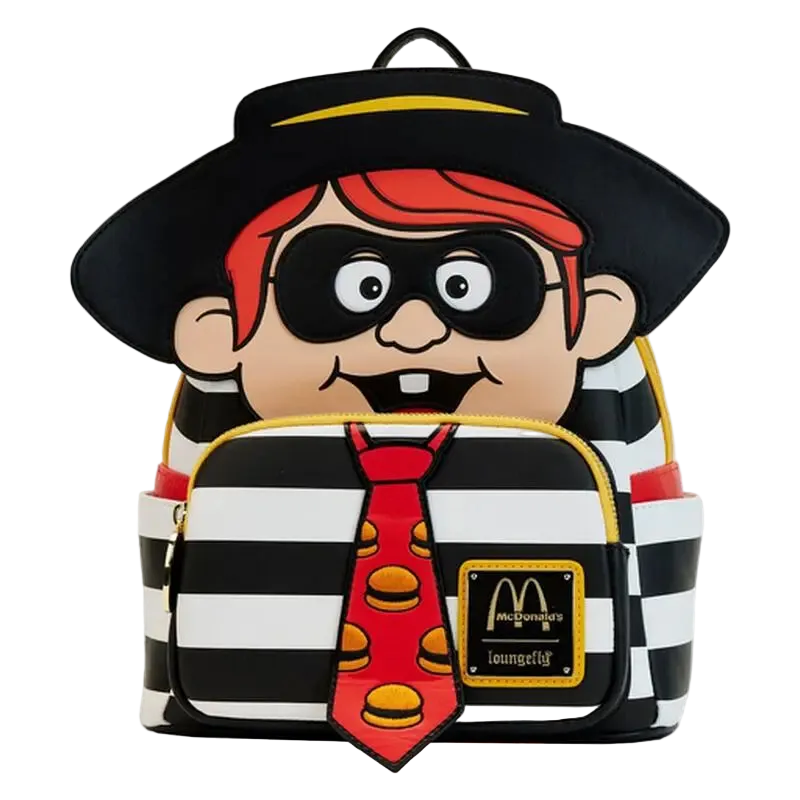 Backpack with cartoon character design featuring a black hat, red tie, and striped shirt on a white background.