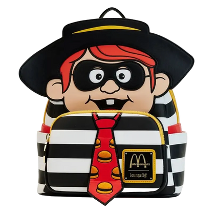 Backpack with cartoon character design featuring a black hat, red tie, and striped shirt on a white background.