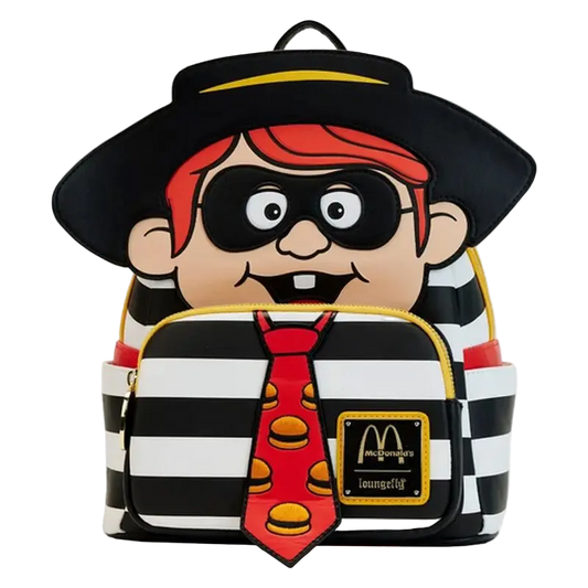 Backpack with cartoon character design featuring a black hat, red tie, and striped shirt on a white background.